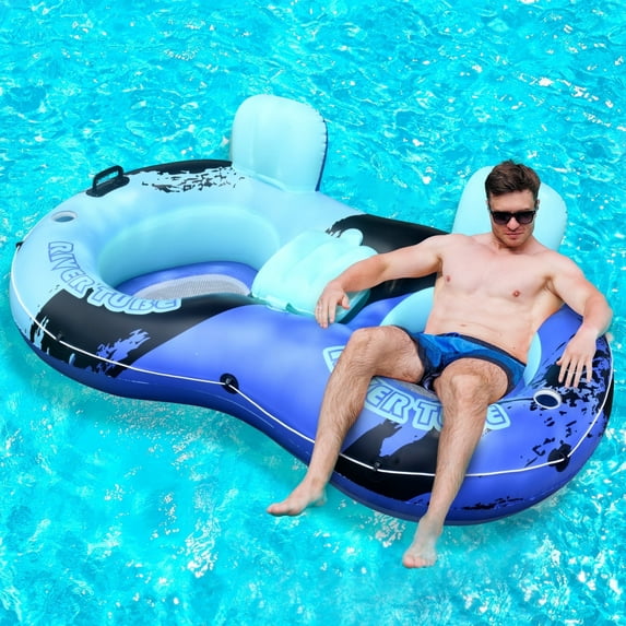 Inflatable River Tube Float with Backrest & 2 Cup Holders, Heavy-Duty PVC Puncture-Resistent Raft, 91x50 Inch Oversized, Deluxe Pool Tube for Summer Relaxation