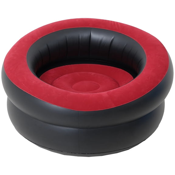 Inflatable Round Sofa, Single Lazy Chair, PVC Velvet, Red Black Design, with Air Pump, Ergonomic Comfort, for Home, Outdoors, Travel