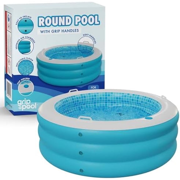 Inflatable Round Swimming Pool with Blow Up Padded Floor, Cup Holder, Handles and Drain - 60"x22" Deep Round Large Kiddie Pool Perfect for Adults and Kids Ages 4 5 6 7 8+$$Garden &