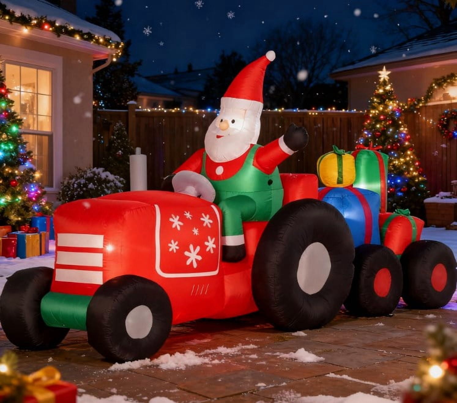 Inflatable Santa Claus Driving Trailer with Gift Boxes LED Lights Outdoor Yard Christmas Decoration