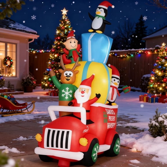 Inflatable Santa Gift Delivery Truck with Elf,Reindeer & Penguins,Fun-Loaded Outdoor Christmas Yard Decor for Festive Vibes