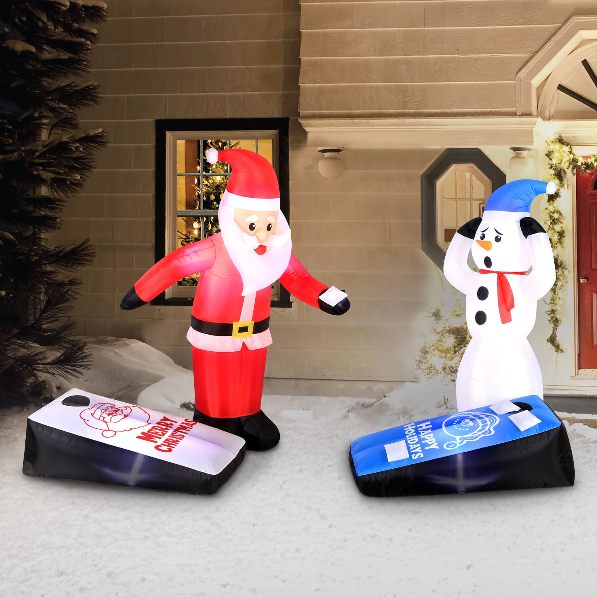 Inflatable Santa and Snowman Playing Cornhole, Multicolor, 5 ft H, by