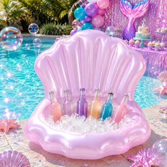 Inflatable Seashell Pool Float Cooler, Mermaid Party Decorations, Blow up Shell Float Drink Holder, Under The Sea Theme Party Supplies for Summer Pool Beach Decor