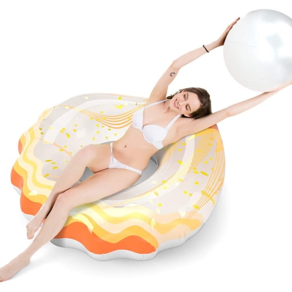 Inflatable Seashell Pool Float Floatie with Ball Water Fun Blow Up Summer Beach Swimming Floaty Party Toys Lounge Raft for Adults