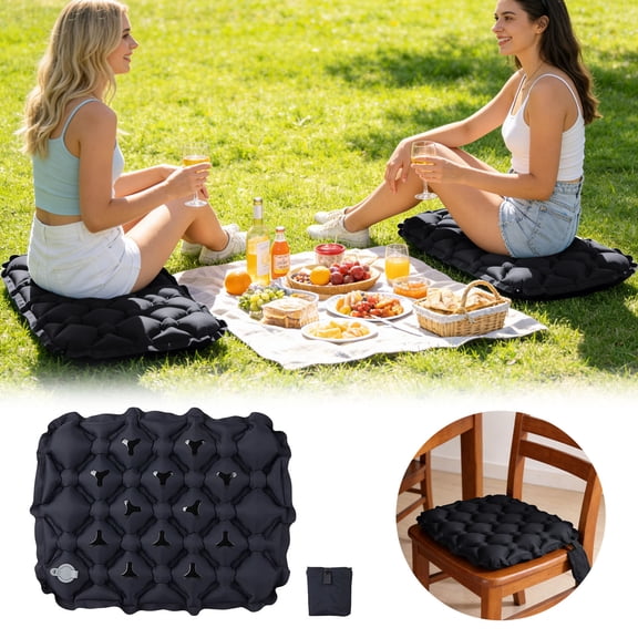 Inflatable Seat Cushion Quick Inflate Camping Cushion Anti Slip Stadium Seat Puncture Resistant Compact For Picnic Hiking Beach Outdoor Events(Black-44X34Cm)