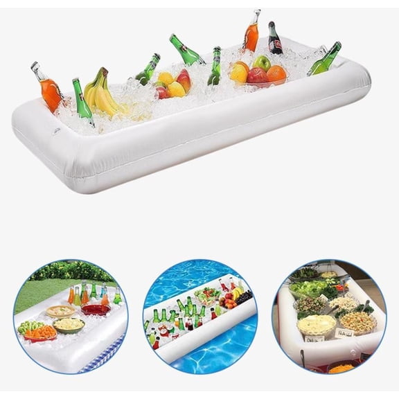 Inflatable Serving Bar Drink Float Cooler 52.8×25.2×3.9 Inch, Portable Ice Serving Station with Drain Plug, Reusable Lightweight Food Drink Cooling Tray for Pool Beach Picnic BBQ Party