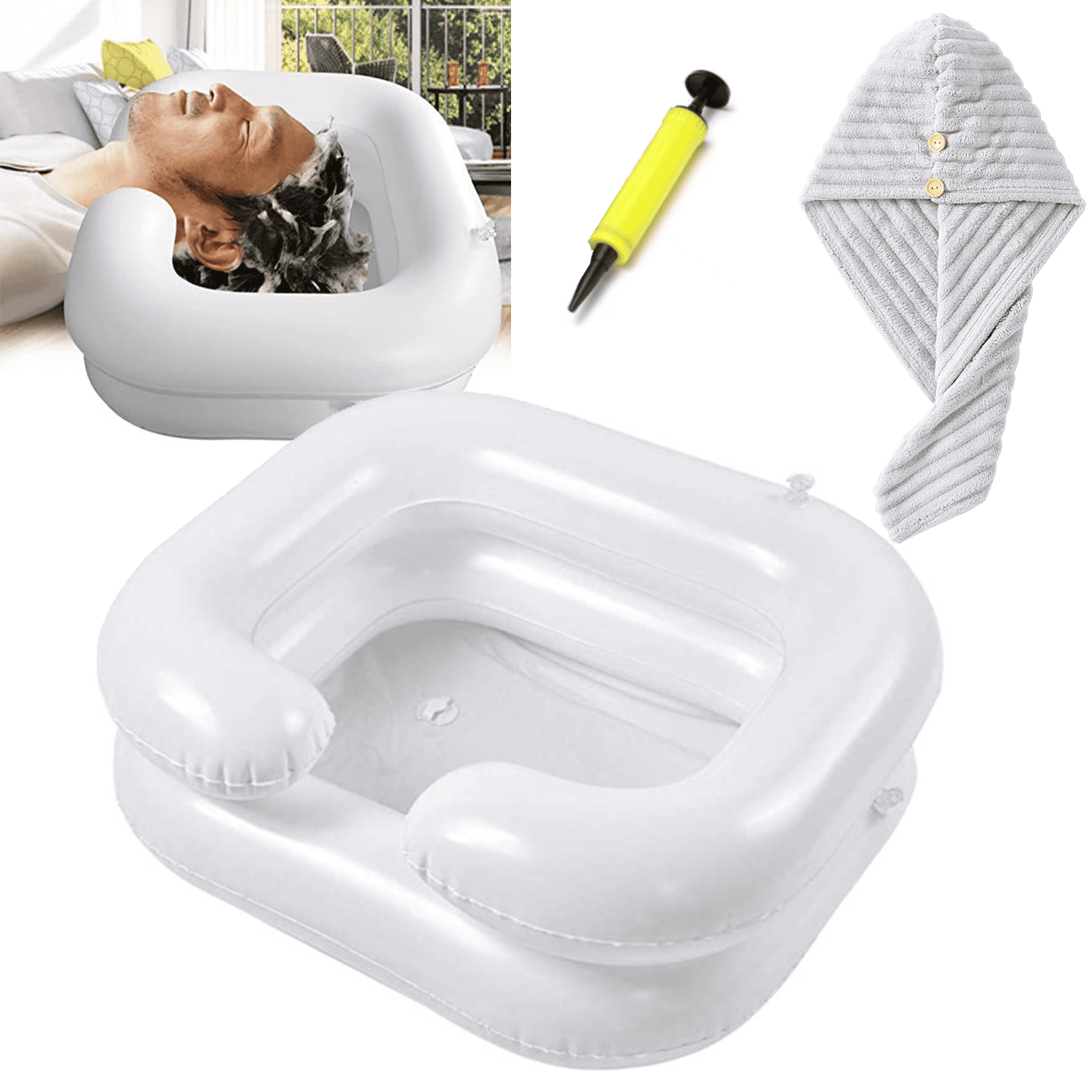 ChrumpTon Inflatable Hair Wash Basin,Portable Shampoo Bowl with Hand Pump and Hair Towel Wrap,for Injured,Elderly,Bed-Bound,Handicapped