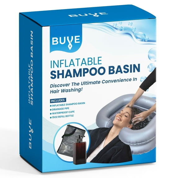 Inflatable Shampoo Basin Kit - Bedside Hair Wash Tub - Portable Shampoo Bowl - Hair Washing Basin - Easy Drainage - Includes Waterproof Cape - 15 oz Refill Bottle - Bedridden - Elderly - Pregnant