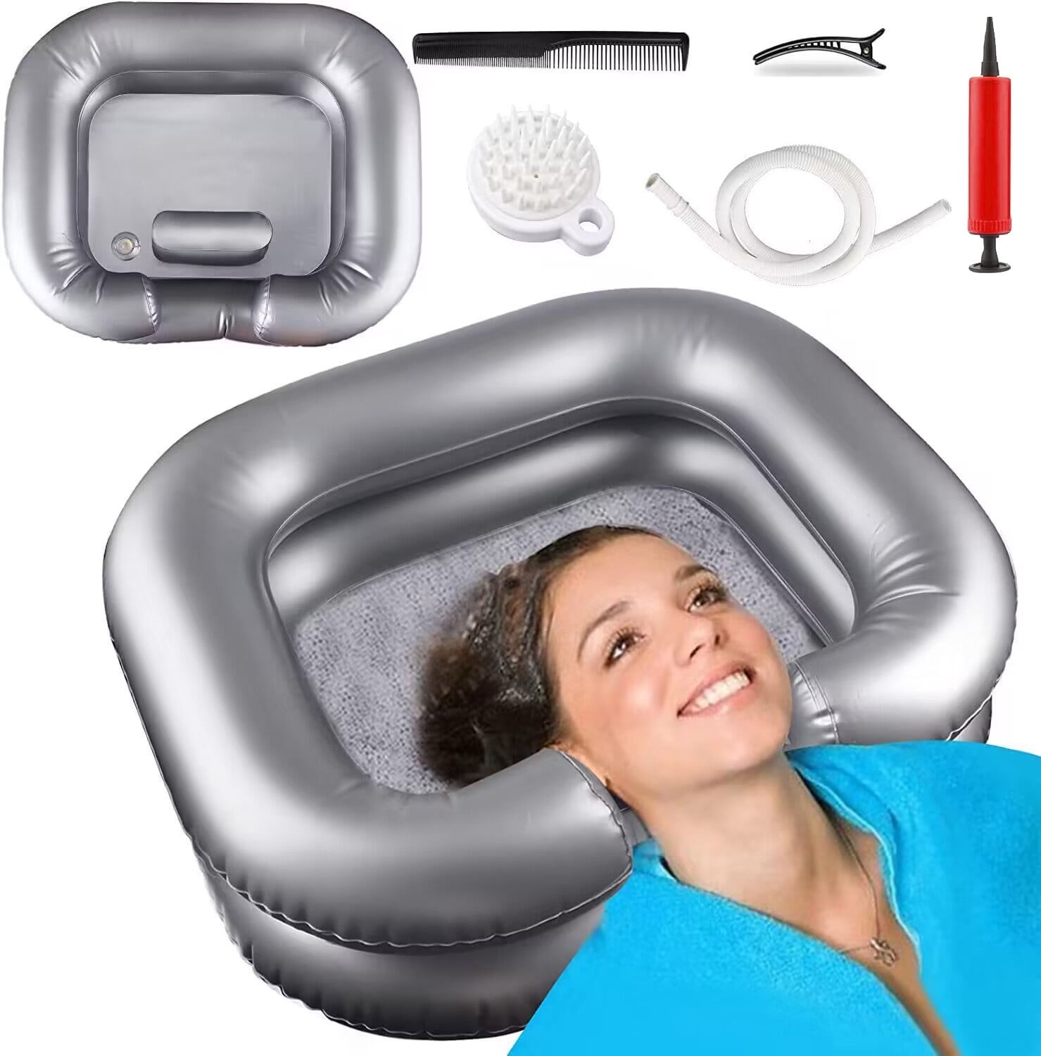 Inflatable Shampoo Basin - Portable Shampoo Bowl, Hair Washing Basin  for Dreadlocks and at Home Sink Washing (Silver)