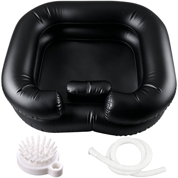 Inflatable Shampoo Basin, Portable PVC Hair Washing Tray with Drain Tube and Comb, Bedside Hair Wash Basin for Limited Mobility, Black Neck Support Tub for Home Care Use