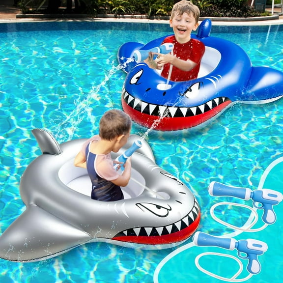 Inflatable Shark Pool Floats 3 Years, Floaties Swimming Pool with 2 Water Squirt Guns Party Float with Safety Seat Summer Outdoor Water Game