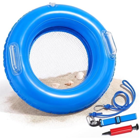 Inflatable Shark Tooth Sifter Set, Floating Sand Sifter with Dual-Layer Sifting Mesh, Air Pump, Wrist Strap & Tether Rope and Storage Bag for Shark Teeth, Shells, Fossils and Beach Treasure Hunting