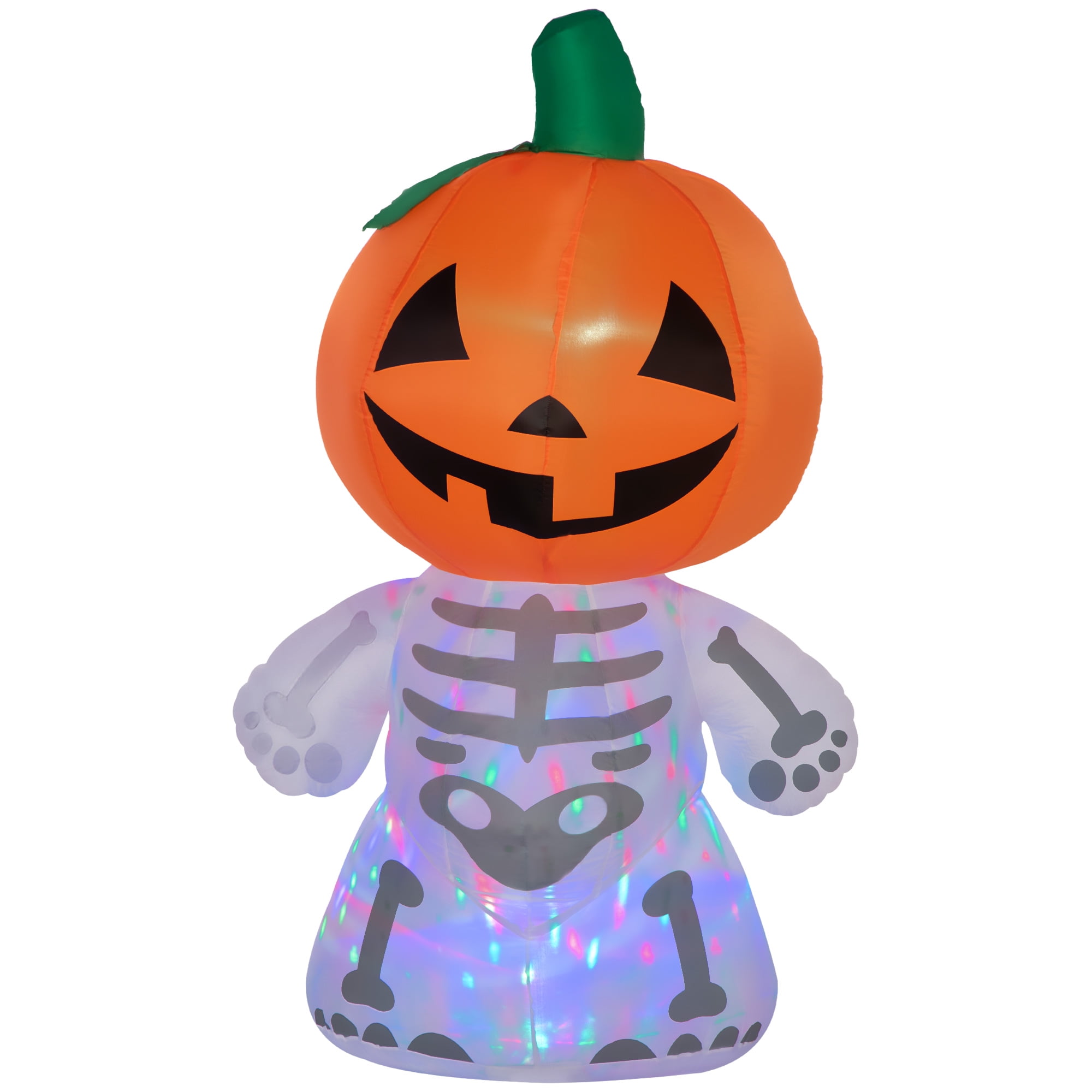 Inflatable Skeleton Pumpkin Man Halloween Decoration 70.75 Inch with Rotating LEDs Stakes Sandbag for Outdoor Yard