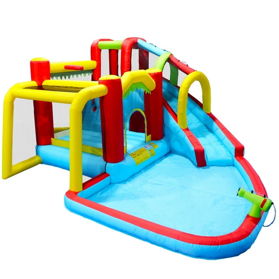 Inflatable Slide Water Park Complete Setup for Kids 3 - 10, Bouncer Play House Outdoor Soccer with Splash Pool & Water Spray & Climbing Wall & Basketball & Football - 177 L * 137 W * 94.4 H (inch)