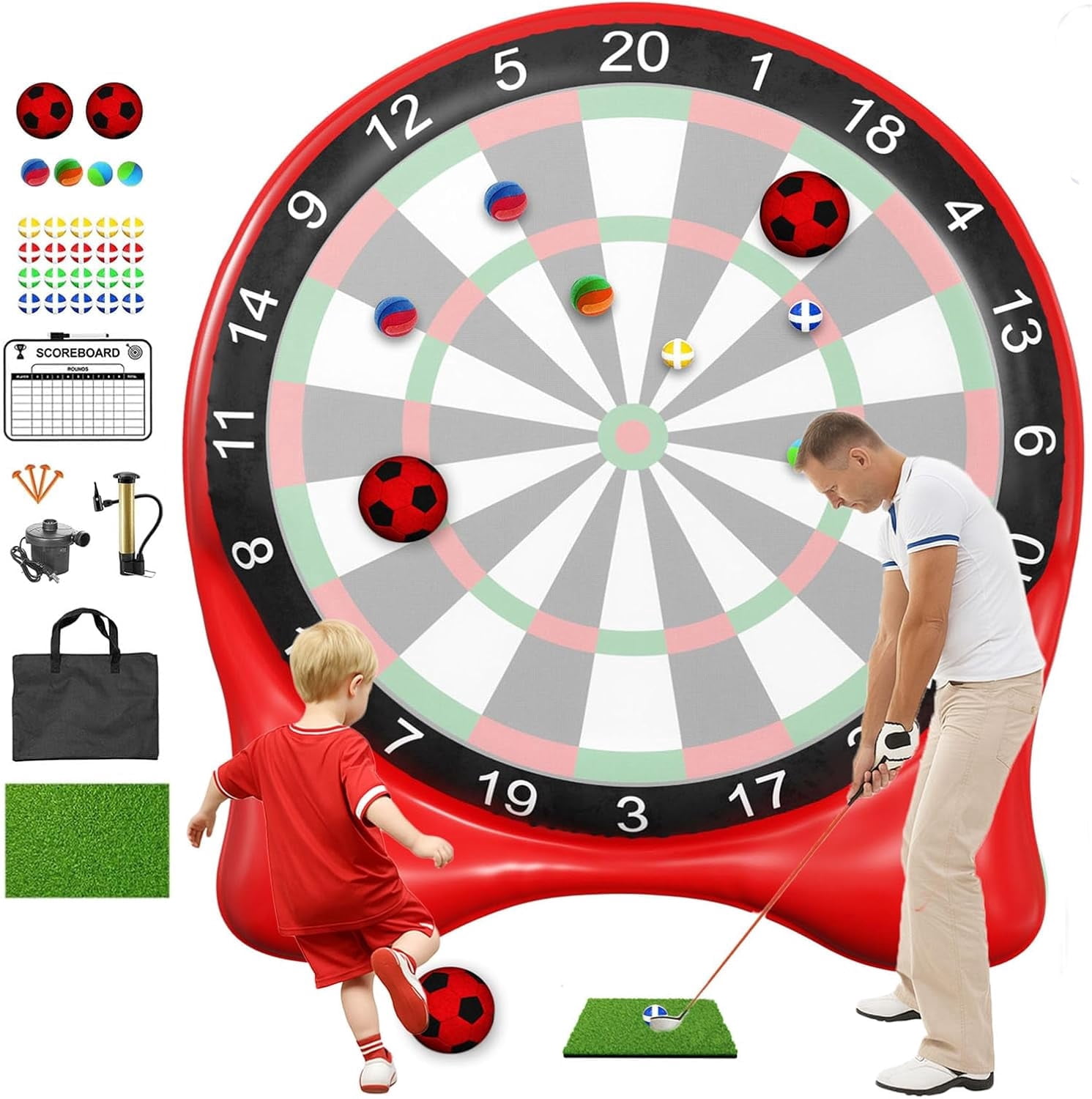 Inflatable Soccer Dart Board, 6ft Giant Kick Darts, Indoor Outdoor Lawn Yard Game for Kids Adults Red