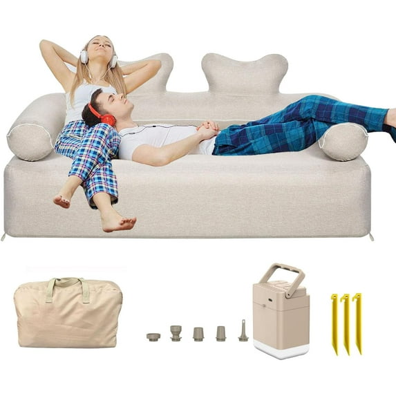 Inflatable Sofa with Built-in Air Pump Rechargeable,Inflatable Couch Support 880 lbs,Blow Up Couch for Camping Home,Travel,Picnic,Beach (Loveseat Khaki)