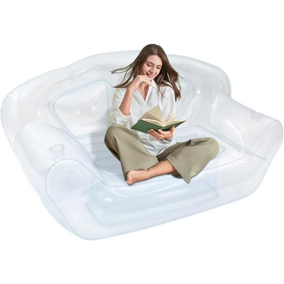 Inflatable Sofa Chair, Transparent Blow Up Sofa Couches with 440lbs Capacity, Portable Double Person Air Couch for Indoor Outdoor Use Camping Beach Patio Yard Travel (Clear)