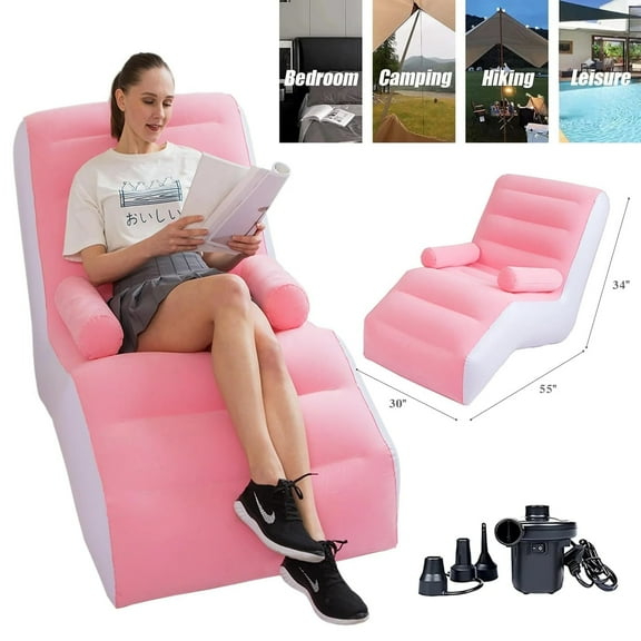 Inflatable Sofa,Inflatable Deck Chair with Air Pump, Foldable Lounge Chair for Bedroom and Living Room, Indoor Sofa Lounge with Handrails(Pink)