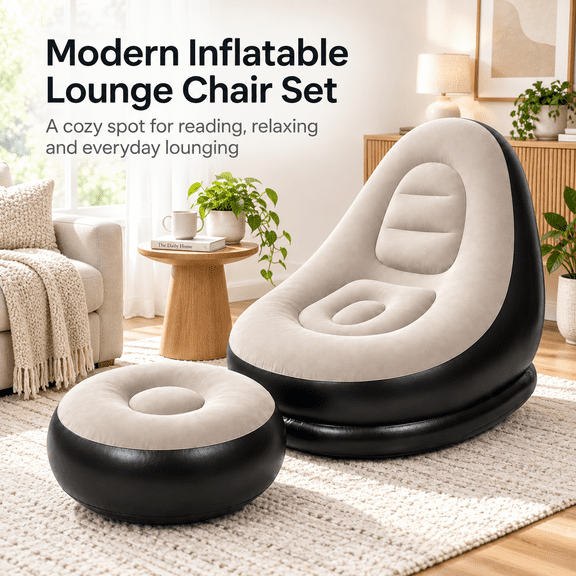 Inflatable Sofa with Footrest, Comfortable Lounge Chair for Reading, Gaming & Relaxing, Black & Gray