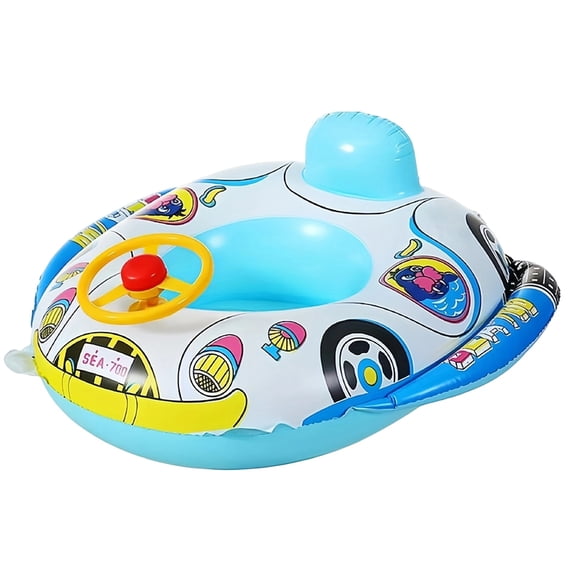 Inflatable Speedboat Car Float with Steering Wheel - Heavy-Duty PVC Water Rider for Swimming Pool and Beachside Summer Adventures Blue
