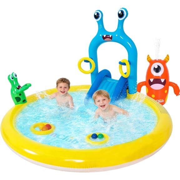 Inflatable Splash Pad for Kids - Monster Spray Pool Set with Slide Sprinkler Toss Rings & Balls, 70"x67"x54" Fun Outdoor Water Toy for Summer Backyard Seaside