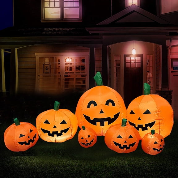 Inflatable Spooky Pumpkin Ghost Decoration 7ft Tall, Self Inflating Yard Prop with Continuous Air Blower, Built in Glowing LED Eyes Weatherproof PVC, Haunted Scene for Lawn