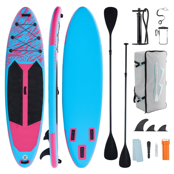 EDX Inflatable Stand Up Paddle Board SUP with Accessories, 126″ x 33″ x 6″ Inflatable Paddleboard, Wide Stable Non-Slip Deck, Fast Double Action Pump, Adjustable Paddle & Carry Bag, Pink Blue