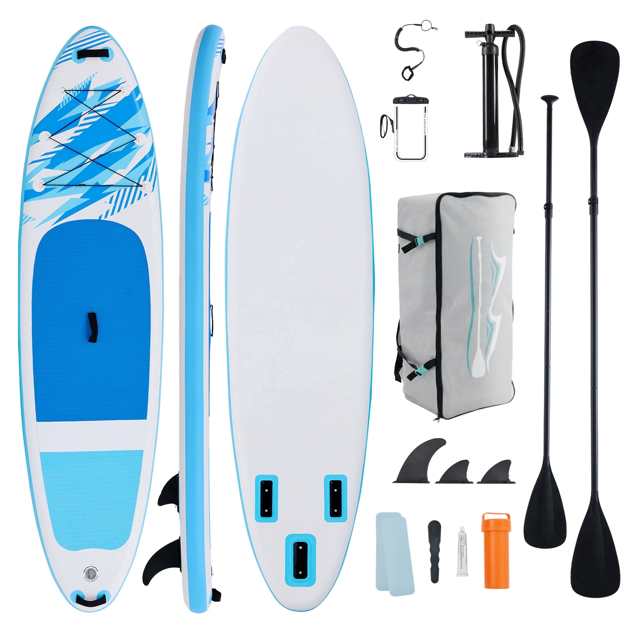 EDX 10.6 ft Inflatable Stand Up Paddle Board, 33" Wide SUP with Paddle, Pump, Fins, Leash & Carry Bag, Non-Slip Stable Board for Adults & Beginners, Blue White