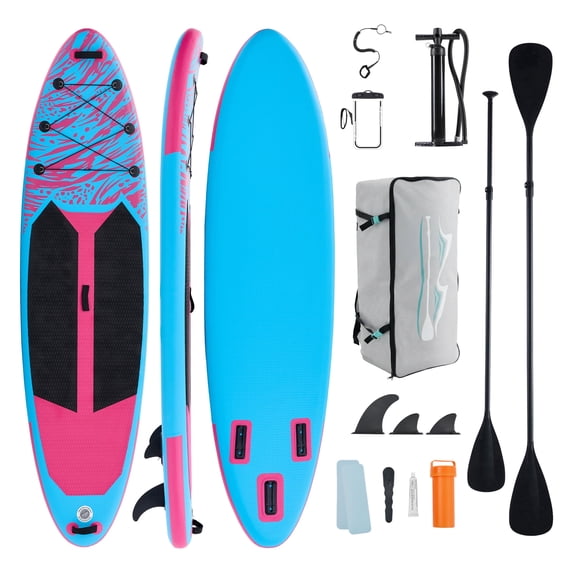 EDX 10.6 ft Inflatable Stand Up Paddle Board, 33" Wide SUP with Paddle, Pump, Fins, Leash & Carry Bag, Non-Slip Stable Board for Adults & Beginners, Pink Blue