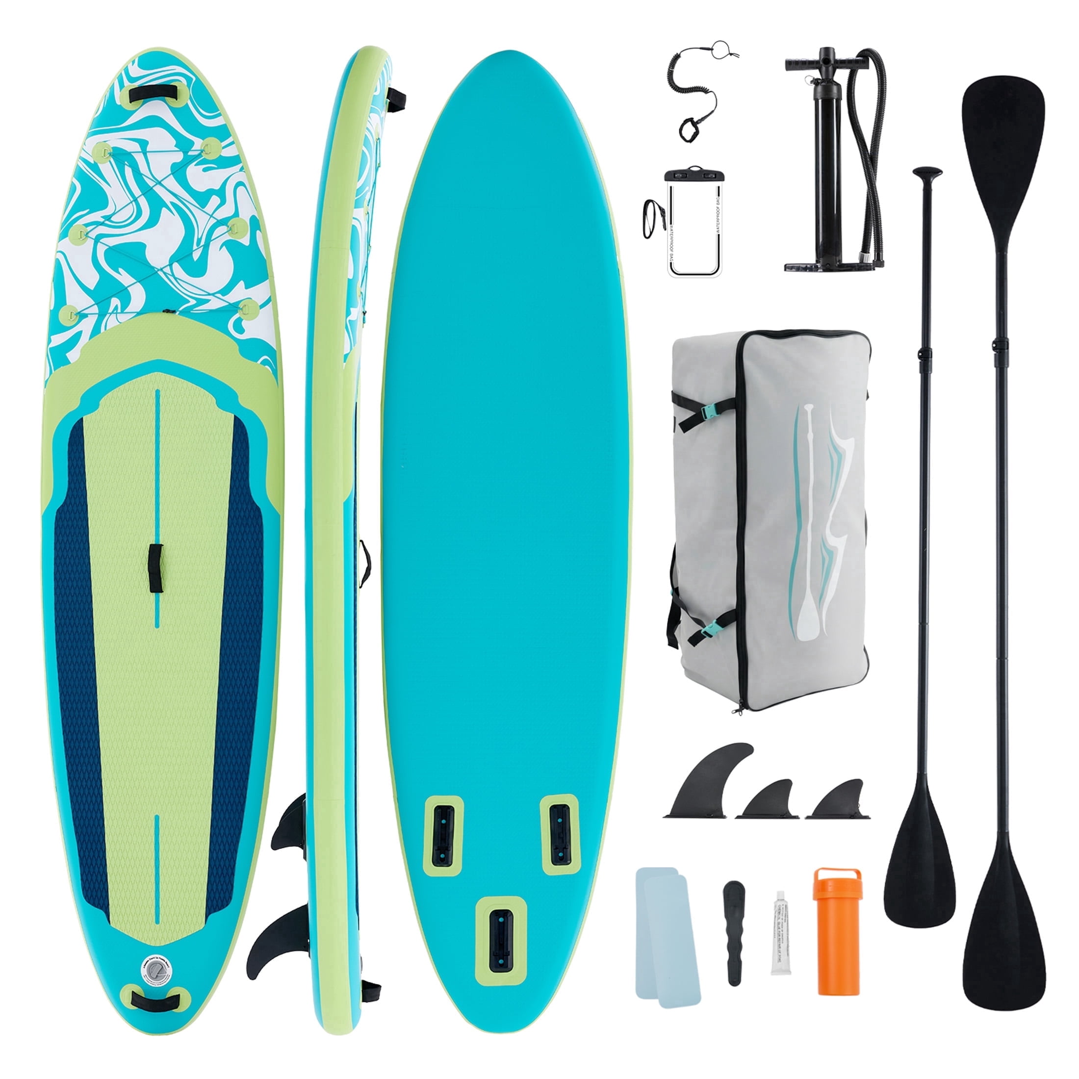 EDX 10.6 ft Inflatable Stand Up Paddle Board, 33" Wide SUP with Paddle, Pump, Fins, Leash & Carry Bag, Non-Slip Stable Board for Adults & Beginners, Green Blue