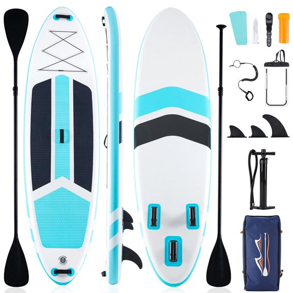 EDX Inflatable Stand Up Paddle Board SUP with Accessories, 126″ x 33″ x 6″ Inflatable Paddleboard, Wide Stable Non-Slip Deck, Fast Double Action Pump, Adjustable Paddle & Carry Bag, Blue White
