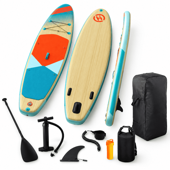 Inflatable Stand Up Paddle Board for Adults, Wide Design with Vigorous Wood Finish, All-in-One Kit