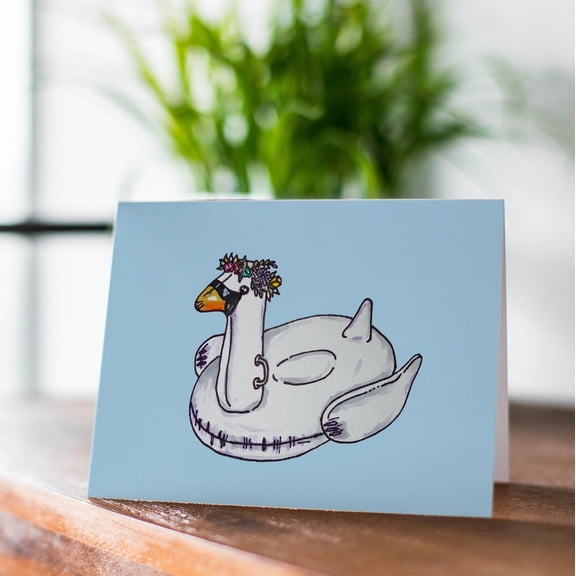 Inflatable Swan Pool Float Greeting Card, Whimsical Bird with Floral Crown, Cute Summer Stationary for Birthdays and Pool Parties