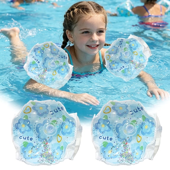 Inflatable Swim Arm Bands with Sparkle Sequins, Flower Pattern Floating Water Wings for Swimming Training, Adorable Summer Pool Floaties
