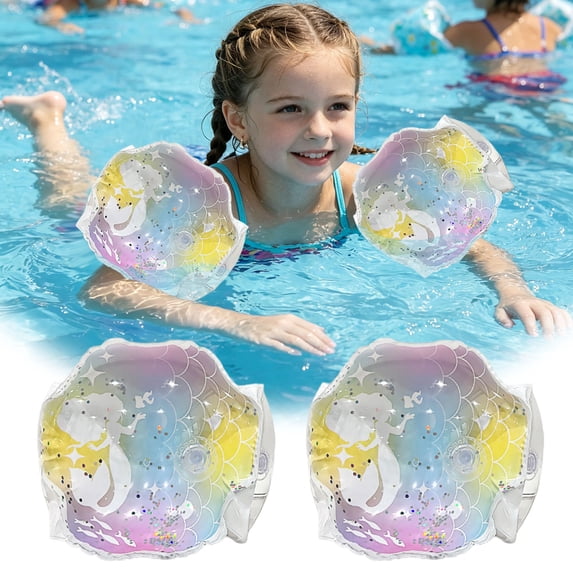 Inflatable Swim Arm Bands with Sparkle Sequins, Flower Pattern Floating Water Wings for Swimming Training, Adorable Summer Pool Floaties