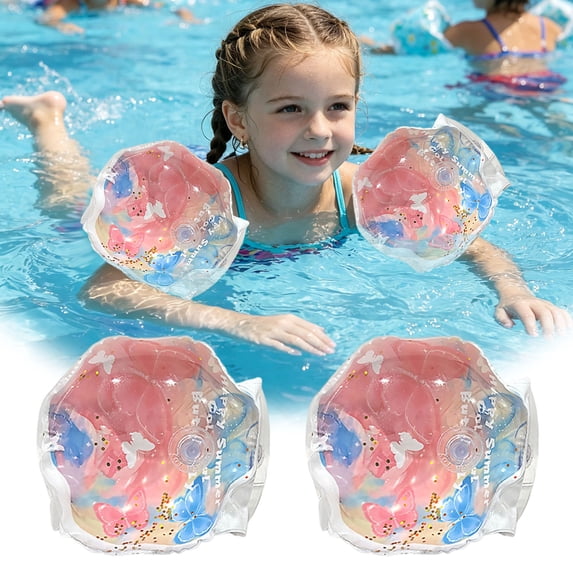 Inflatable Swim Arm Bands with Sparkle Sequins, Flower Pattern Floating Water Wings for Swimming Training, Adorable Summer Pool Floaties
