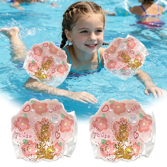 Inflatable Swim Arm Bands with Sparkle Sequins, Flower Pattern Floating Water Wings for Swimming Training, Adorable Summer Pool Floaties