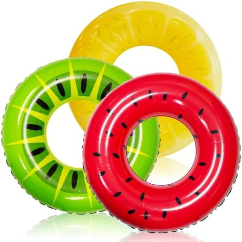 Inflatable Swim Tube Raft (3 pack) with Summer Fruits Painting, Pool Toys for Swimming Pool Party Decorations