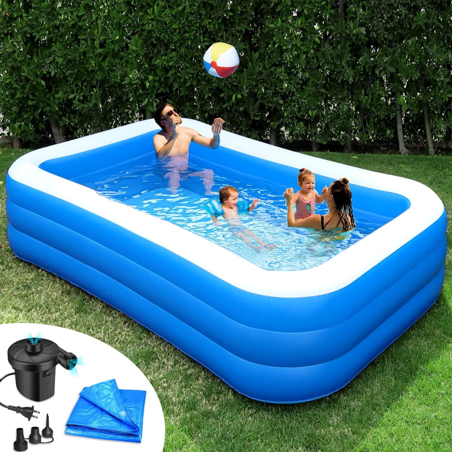 Inflatable Swimming Pool, 98’’ × 55’’ × 20.5’’ Large & Thickened Family Swimming Pool for Garden, Outdoor, Backyard, Suitable for Adults and Family