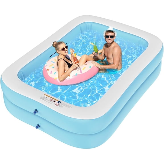 Inflatable Swimming Pool for Ages 4-8-12 & Adults, 79" x 59" x 20" with Thick PVC, Blow Up Large Rectangular Family Pool for Backyard Outdoor Summer Water Party, Full Size Light Blue