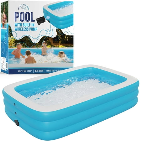 Inflatable Swimming Pool with Built-in Air Pump (Blue, Medium - 82.6" x 59" x 23.6") - for Kids & Adults - Includes Repair Kit - Self Inflating Blow Up - Family & Kiddie Pool