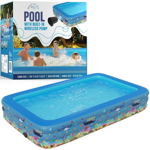 Inflatable Swimming Pool with Built-in Air Pump (Patterned, Large, 120" x 72.8" x 23.6") - for Kids & Adults - Includes Repair Kit - Self Inflating Blow Up - Family & Kiddie Pool