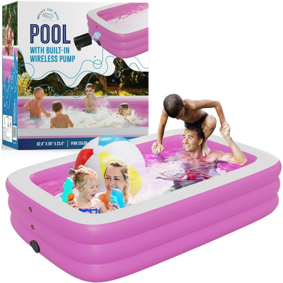 Inflatable Swimming Pool with Built-in Air Pump (Pink, Medium - 82.6" x 59" x 23.6") - for Kids & Adults - Self Inflating Blow Up - Family & Kiddie Pool