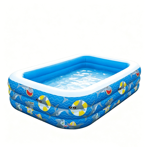Inflatable Swimming Pool for Kids, 3-Ring Rectangular Family Pool with Shark Pattern, Above Ground Kiddie Pool for Backyard, Garden, Outdoor Summer Water Play
