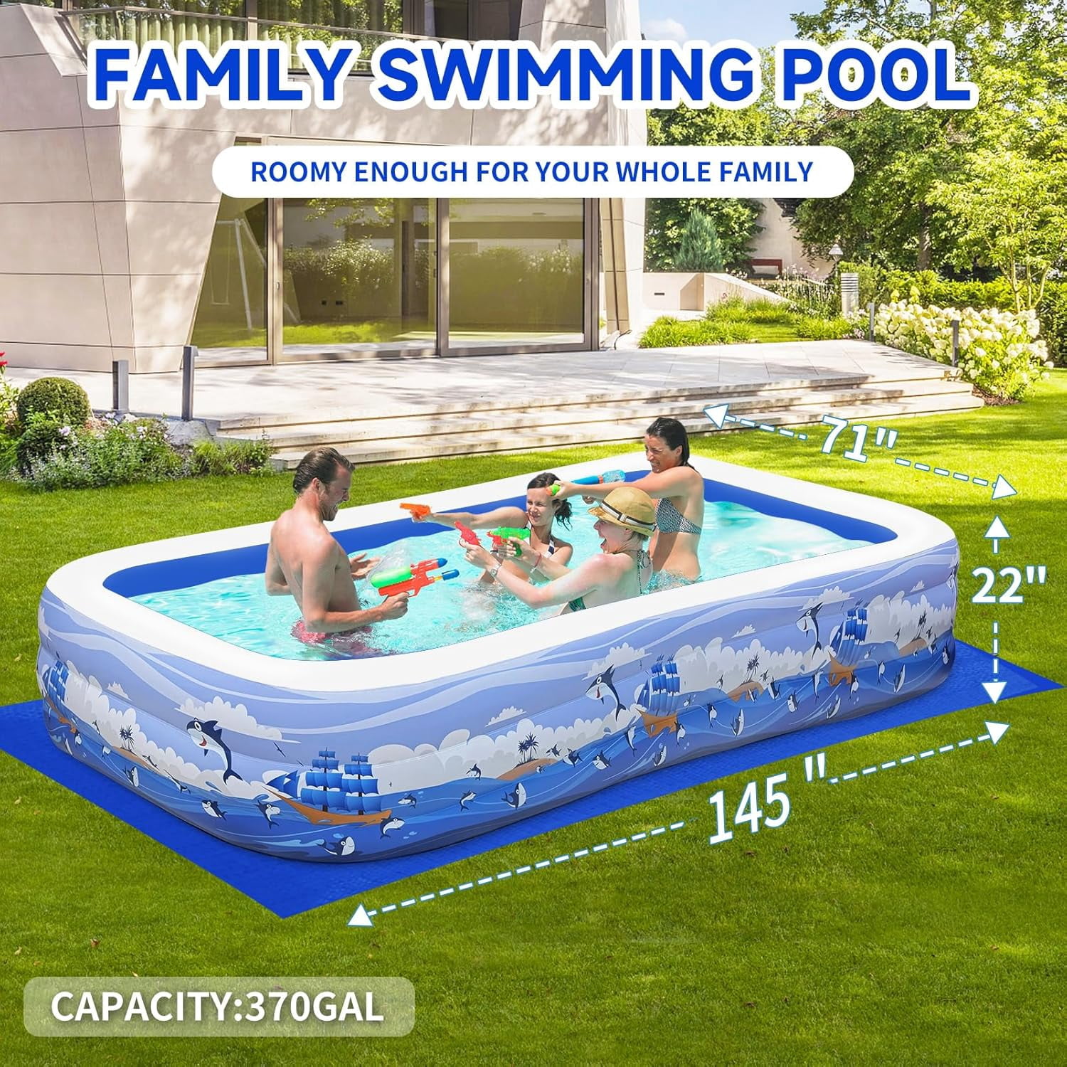 Inflatable Swimming Pool for Kids and Adults- 145" x 71" x 22" Family ...