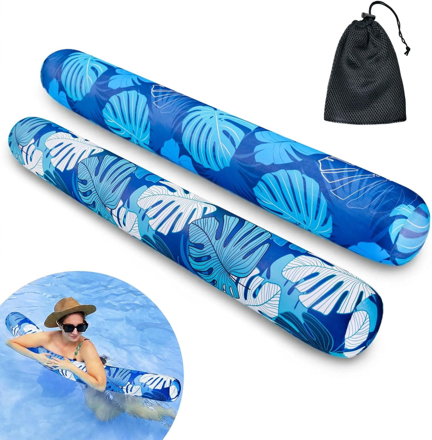 Inflatable Swimming Pool Noodle, 2 Pack Soft Fabric Quick Drying Covered Large Pool Floats Noodles, Premium Buoyancy Swim PoolFloats with Portable Storage Bag for Pool Party Toy