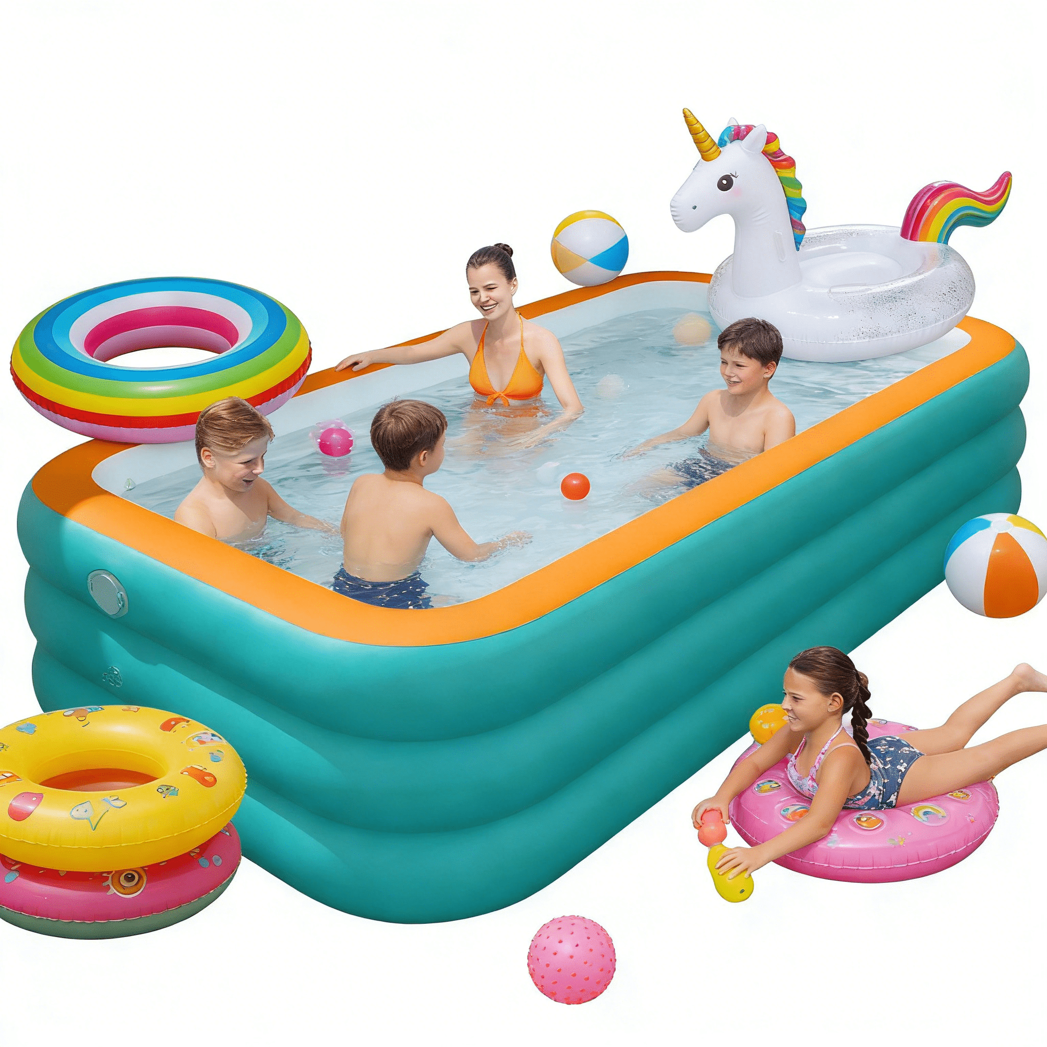 Inflatable Swimming Pool, Portable, Foldable & Spacious Soaking Tub for Adults & Kids 120''*71''*23'',3 Layers with Air Pump, Orange - Blue