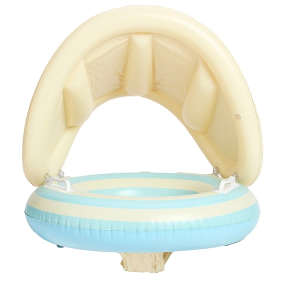 Inflatable Swimming Ring with Detachable Sunshade Canopy, Striped Water Float with Safety Handles, Portable Outdoor Pool Lounger for Summer Leisure Fun Blue