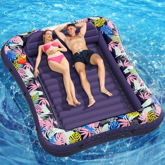 Inflatable Tanning Pool Lounger,  87" x 63" Purple Pool Floats with Headrest & Cup Holder, Air Mattress Sun Tan Tub for Sunbathing, Outdoor, Seaside, Garden, Summer Water Bash (Purple-XL)