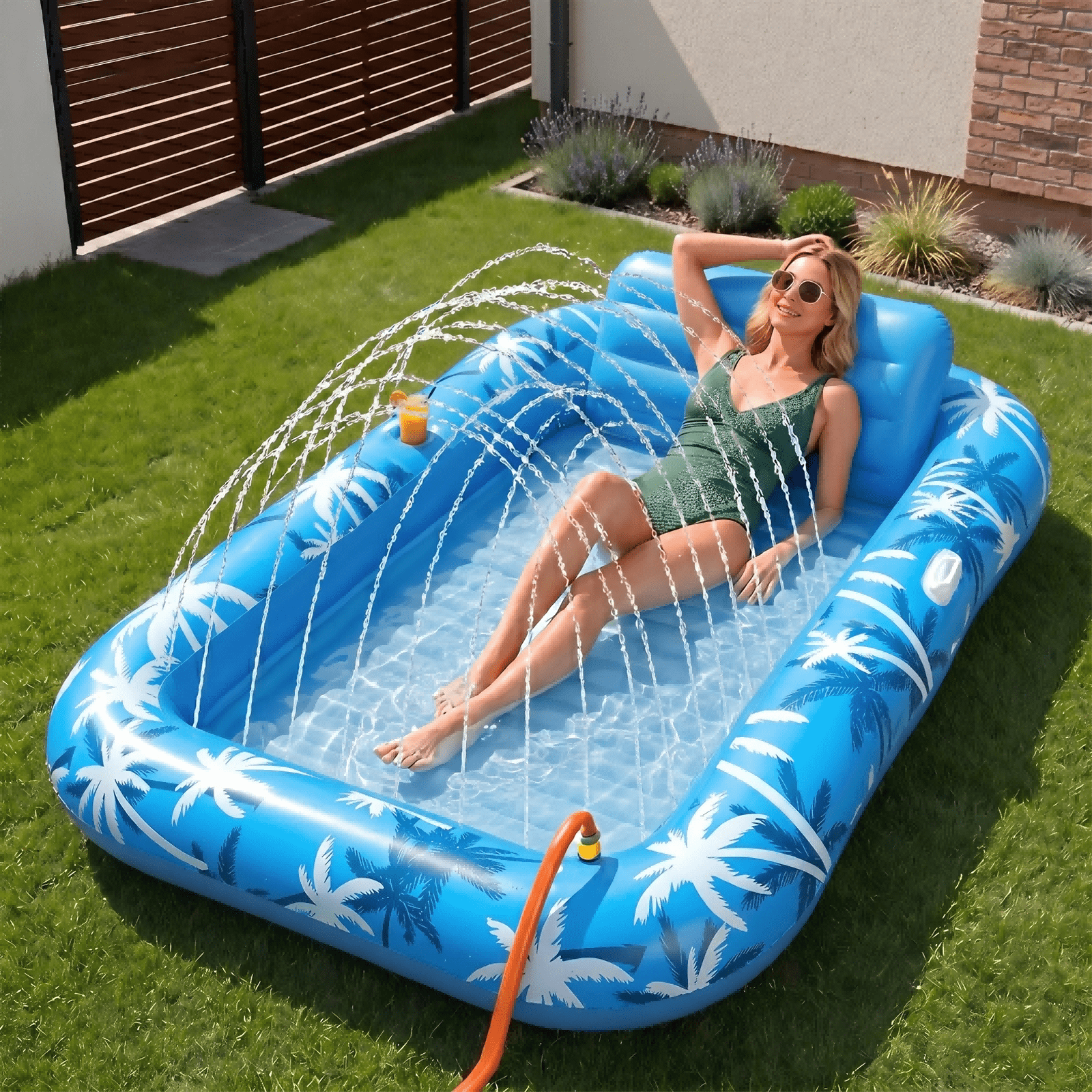 Inflatable Tanning Pool Lounger Extra-Wide with Integrated Cooling Sprinkler – 77" x 48" Sunbathing Float & Personal Soak Tub for Adults, Heavy Duty 6-in-1 Water Oasis for Backyard & Poolside